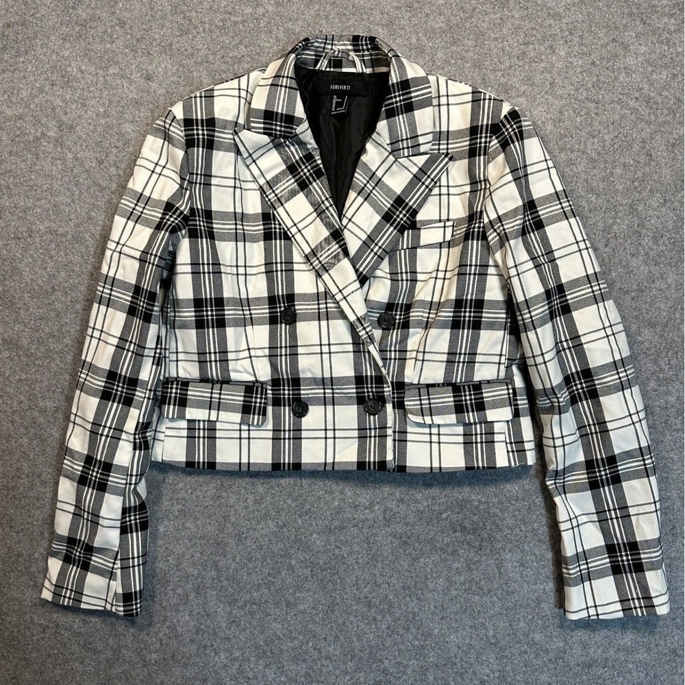 Forever 21 Womens Cropped Double Breasted Blazer Black White Plaid Jacket Small